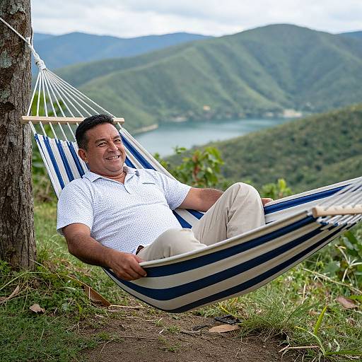 Photograph of a smiling middle-aged man with short dark hair, wearing a white polka-dotted shirt and beige pants, relaxing in a blue and