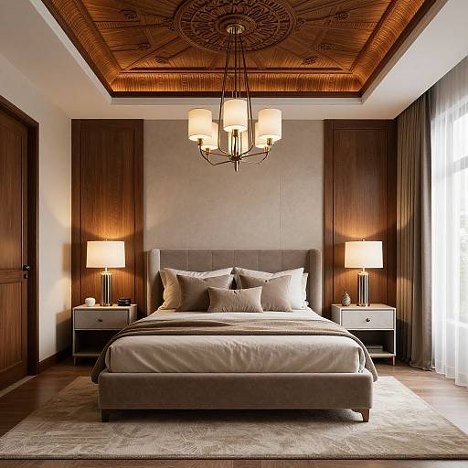 Elegant bedroom photograph: beige bed with multiple pillows, wooden ceiling with intricate design, chandelier, two lit lamps on white nightstands, brown wooden
