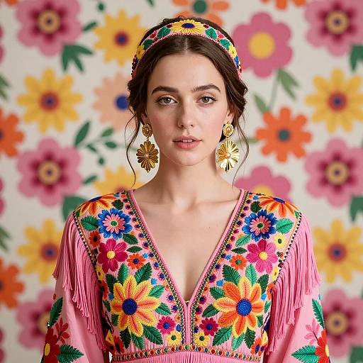 Woman in Colorful Floral Embroidered Dress