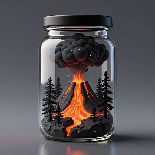 Photograph of a clear glass jar with a black-lidded top, containing a vibrant orange erupting volcano, dark smoke clouds, and black pine