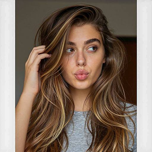 Young Woman with Long Wavy Hair and Puckered Lips