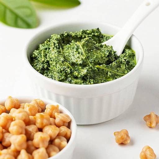 Photograph of a white ceramic bowl filled with vibrant green kale, a white spoon inside, and a separate bowl of orange chickpeas on a white
