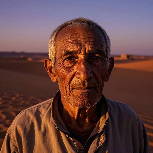 Photograph of an elderly man with wrinkled, sun-tanned face, short gray hair, and a beard, standing in a desert at sunset,
