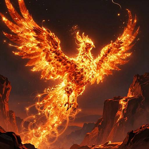Digital artwork of a blazing, fiery phoenix with expansive wings soaring between dark, rocky cliffs under a starry night sky.