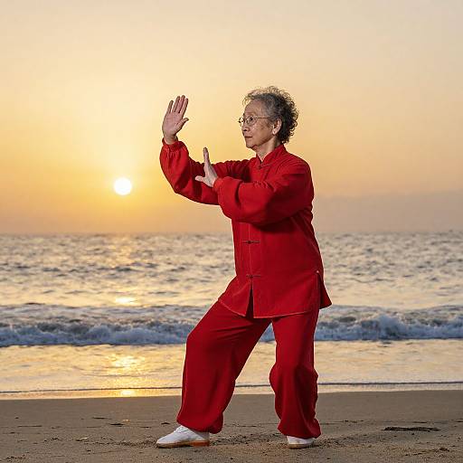Elderly woman in red traditional Chinese martial arts outfit, performing a hand gesture on a beach at sunset, with ocean waves in the background. Photograph