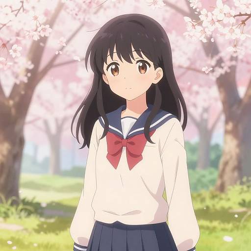 Anime Teen Girl in Cherry Blossom Garden