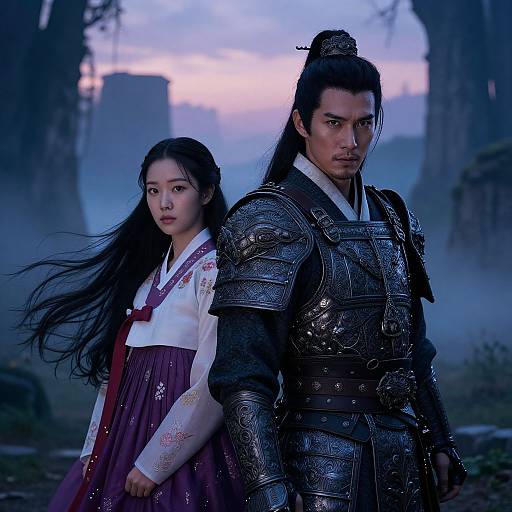 Photograph-style digital artwork of an Asian woman in traditional Korean hanbok and a male warrior in ornate armor, standing back-to-back in a