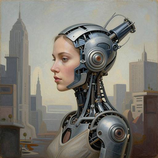 Digital painting of a cybernetic woman with a robotic head and neck, pale skin, profile view, set against a cityscape background.