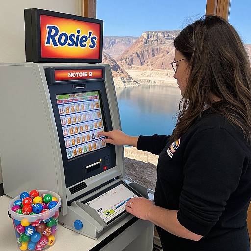 Photograph of a woman with long brown hair, wearing glasses and a black shirt, operating a Rosie's lottery machine by a window with a scenic lake