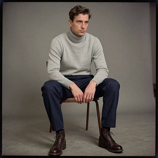 Photograph of a serious-looking young man with short brown hair, wearing a gray turtleneck, navy pants, and brown boots, seated on a