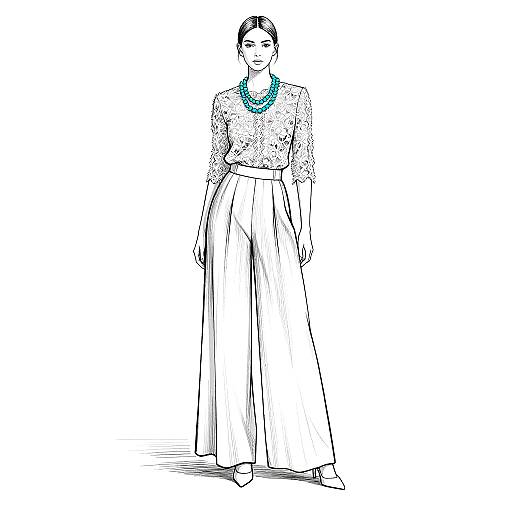 Minimalist Fashion Illustration of Woman in Lace Blouse and Wide-Leg Trousers