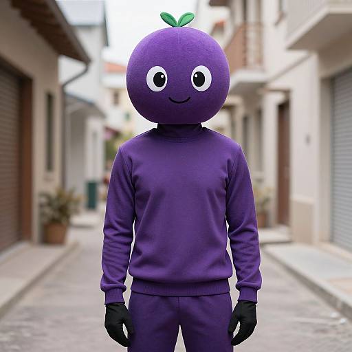 Photograph of person in purple sweat suit and matching hat with round white eyes and green leaf, standing in urban alley.