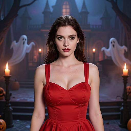 Elegant Woman in Red Dress at Haunted Gala