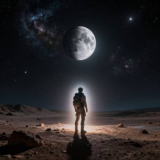 Lone Traveler Gazing at Distant Moon