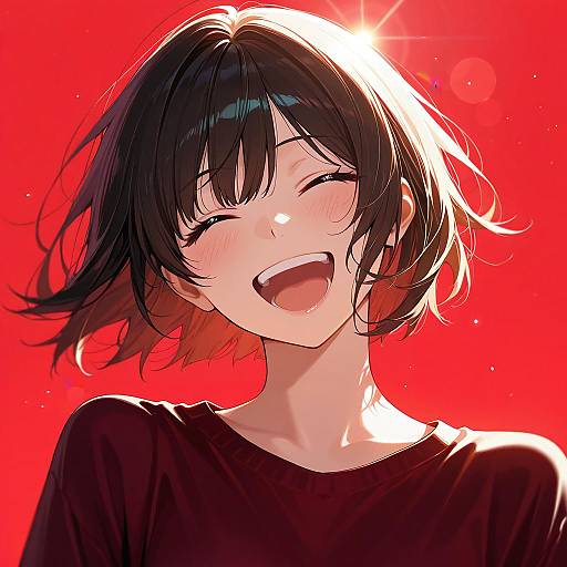 Laughing Anime Girl with Red Background