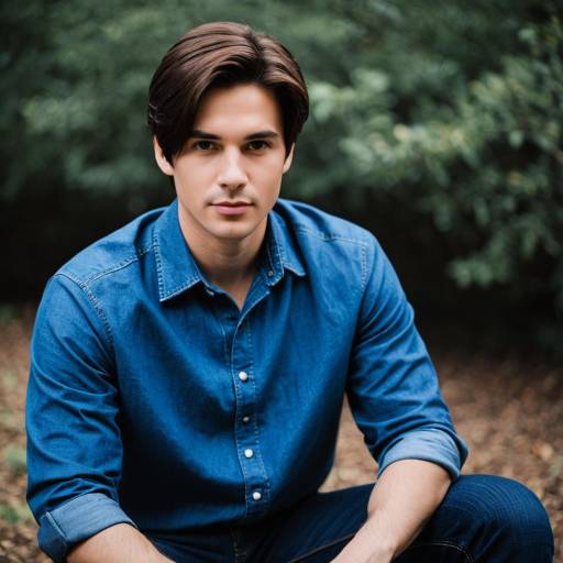 Young Man in Blue Shirt Sitting Outdoors