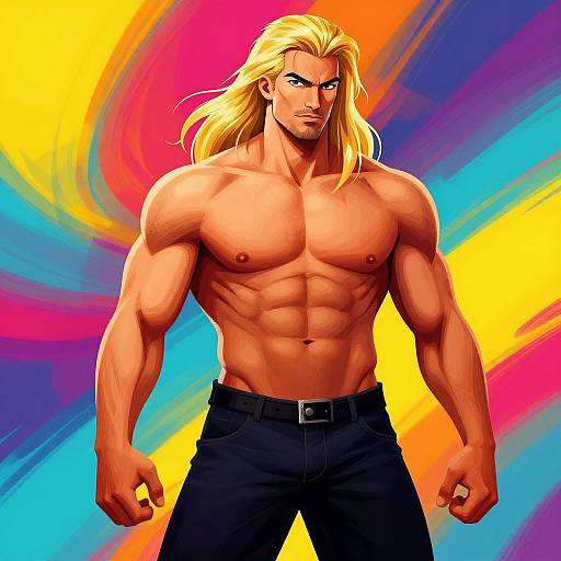 Muscular, shirtless man with long blonde hair, wearing black pants, stands confidently against a vibrant, swirling yellow, pink, blue, and purple