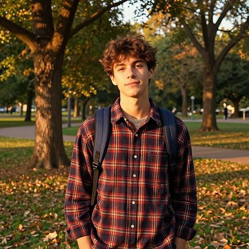 Photograph of a young man with curly brown hair, wearing a red and black plaid shirt and black backpack, standing in a sunlit park with