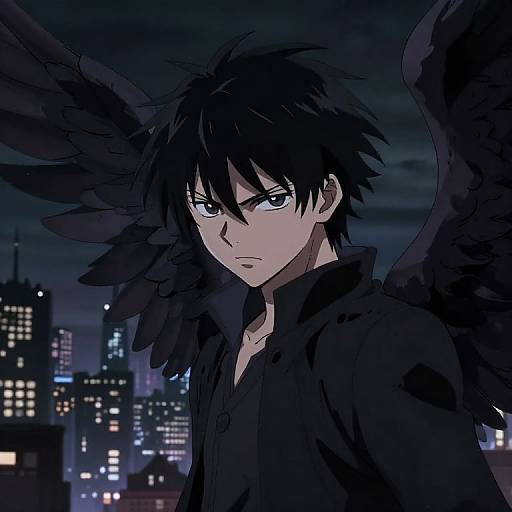Anime-style digital artwork of a serious, black-winged young man with spiky hair, wearing a dark shirt, against a nighttime cityscape with illuminated
