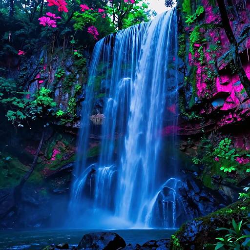 Vibrant photograph of a cascading waterfall surrounded by lush green foliage and vivid pink flowers, with blue water flowing over dark rocks. Bright, colorful