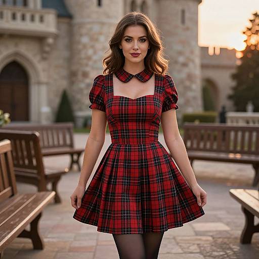Photograph of a young woman with wavy brown hair, wearing a red plaid dress, black tights, and a collar, standing in front