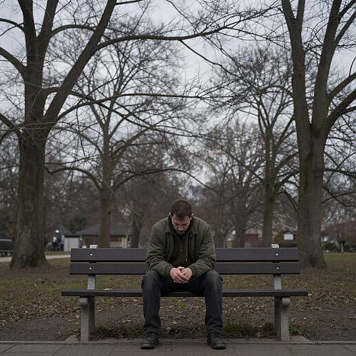 Photograph of a solitary man in a dark green jacket and black pants, sitting pensively on a wooden bench in a leafless park. Overcast