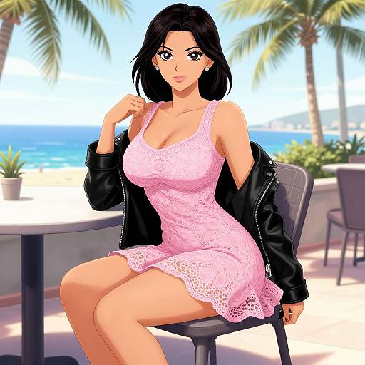 Digital anime-style drawing of a curvy woman with black hair in a pink lace dress, black jacket, sitting by a beachside table with palm trees