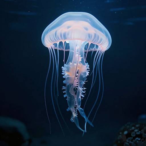 Photograph of a glowing blue jellyfish with translucent dome, long, flowing tentacles, illuminated against a dark underwater background.