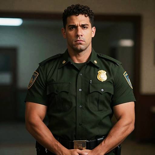 Serious Police Officer in Dim Lighting