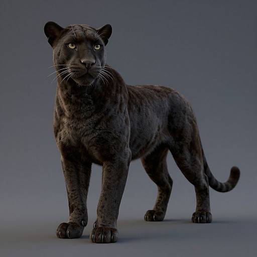 Photorealistic CGI of a black panther with glowing yellow eyes, standing alert on a gradient blue-gray background.