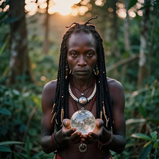 Photograph of a dark-skinned woman with dreadlocks, wearing beaded necklaces and bracelets, holding a glowing orb in a sunlit forest.