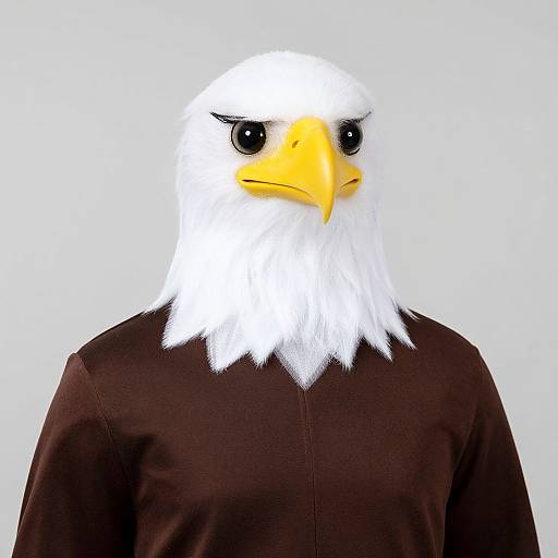 Photograph of a person wearing a bald eagle mask with a yellow beak, black eyes, and white feathers, dressed in a brown shirt, against