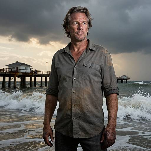 Photograph of a rugged, middle-aged man with gray hair and beard, wearing a dirty gray shirt, standing at a stormy beach with waves and