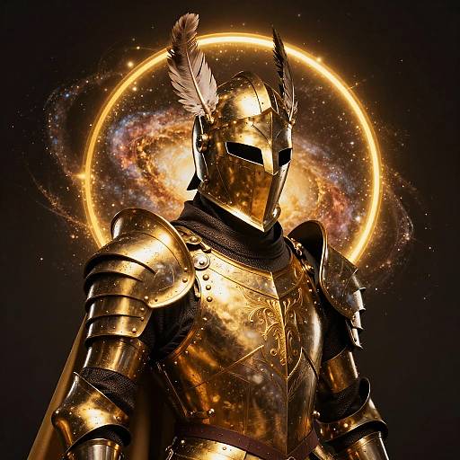 Golden knight in medieval armor with white feathered helmet, standing before a glowing cosmic galaxy backdrop, featuring a bright circular halo. Digital art.