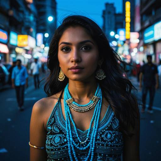 Indian Woman with Beaded Necklace in City Street