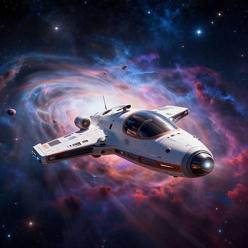 Photorealistic digital art of a white, futuristic space fighter jet with 