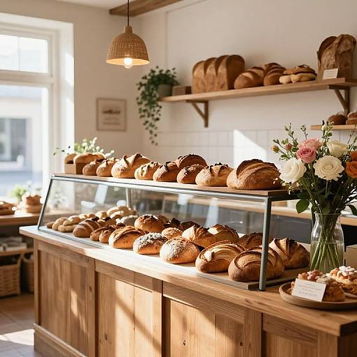 Bright, sunlit bakery with wooden shelves, glass display case, and fresh bread; a vase of white and pink flowers on the counter.