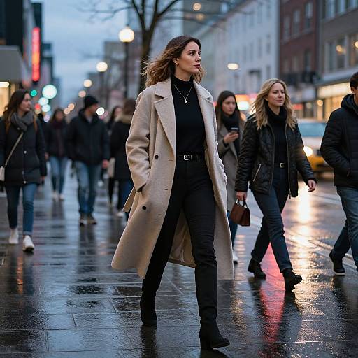 Photograph of a confident woman in a beige coat, black turtleneck, and jeans walking on a wet, urban street at dusk, with blurred