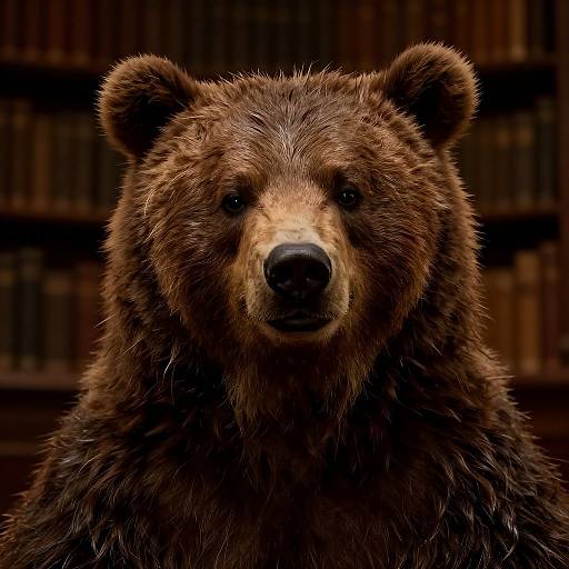 Photograph of a realistic, detailed brown bear with dark, textured fur, centered against a blurred background of wooden bookshelves.