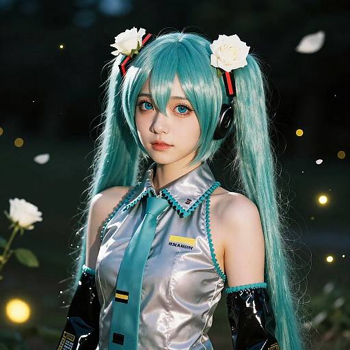 Photorealistic CGI of a young woman cosplaying Hatsune Miku, with turquoise twin-tails, white flowers, and a shiny silver sleeveless