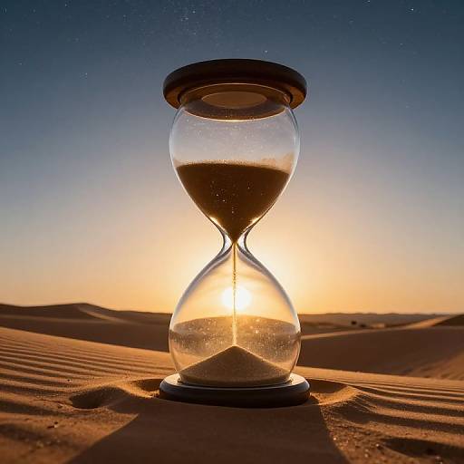 Photograph of an hourglass with sand flowing, set on desert sand dunes at sunset, glowing with golden light against a starry, twilight sky