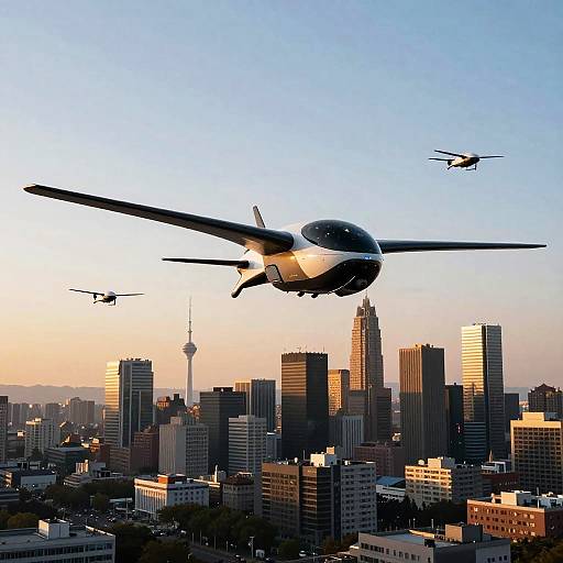 Futuristic Drone Over Cityscape Sunset