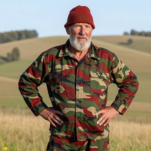 Photograph of an elderly white man with a white beard, wearing a red beanie and camouflage jacket, standing in a grassy field with rolling hills