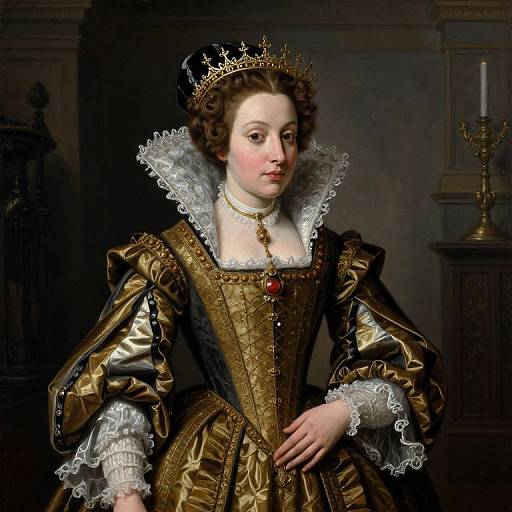 17th-century oil painting of a fair-skinned woman in an ornate gold and black gown, lace collar, crown, and necklace, standing in