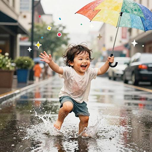 Joyful Toddler Splashing in Rain