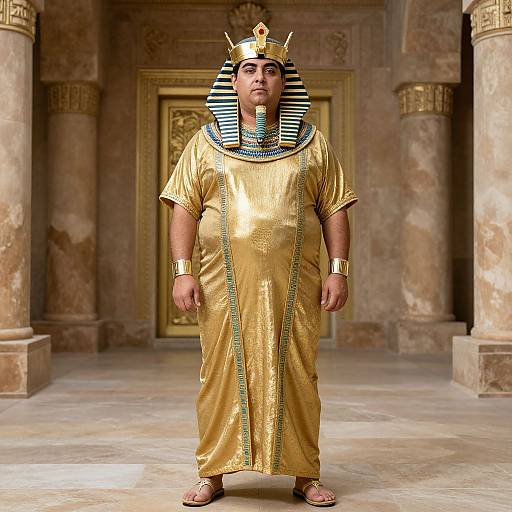 Photograph of a plus-sized man in Egyptian pharaoh attire: gold robe, striped blue and black Nemes headcloth, gold crown, bracelet,