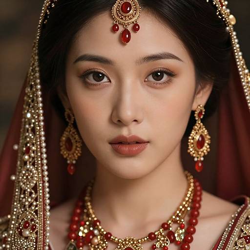 Photograph of an East Asian bride with fair skin, dark hair, and red-brown eyes, wearing elaborate gold and red jewelry, including a head