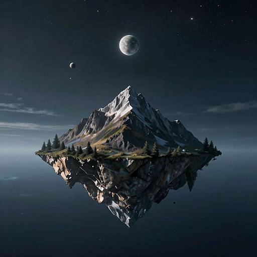 Digital artwork of a snow-capped mountain island mirrored in a calm, starry night lake, with a full moon and two smaller moons in the dark