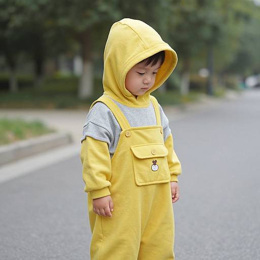 Child in Yellow Hooded Outfit on Street