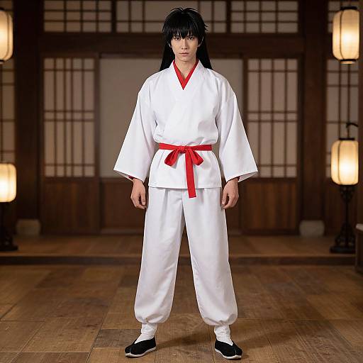 Photorealistic CGI of an Asian martial artist with black hair, wearing a white gi with red belt, standing in a traditional Japanese dojo with wooden floors